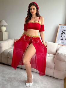 Fantasy Costume Fantasy Costume 5件套女士性感西部牛仔金属流苏抹胸高开衩长裙带面纱内衣套装 - 酒紅色 - 查看 6