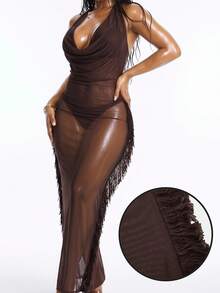 Oceva Women's Halter Tie Neck Fringe Design Vacation Date Beach Vacation Rave Beach Club Dress Brown Summer Techno - Brown - View 8