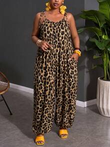 Slaydiva Plus Size Women Leopard Print Pocketed Wide Leg Jumpsuit - Brown - View 3