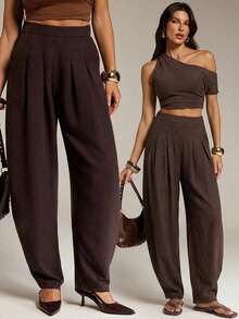 SHEIN Tall Bộ sưu tập Xuân/Hè 2026, hàng mới về, thích hợp cho các dịp lễ hội âm nhạc, Lễ Phục Sinh, Ngày Thánh Patrick, Ngày Valentine, Hẹn hò, Phong cách miền Tây, Phong cách du mục, Tiệc sinh nhật, Lễ tốt nghiệp, Đại học, Sinh viên, Thường ngày, Dễ phối đồ, Giải trí, Kỳ nghỉ, Du lịch biển, Bãi biển, Tắm nắng, Phong cách thịnh hành, Thời trang đường phố, Khách dự đám cưới, Phong cách Boho, Đi làm, Ăn sáng muộn, Sân bay, Tiệc tùng, Đi chơi ngày lễ, Trang phục công sở, Quần dài xếp ly màu nâu bằng vải lanh, cạp chun co giãn, túi khóa kéo, dây rút. - màu nâu - Xem 6