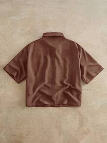 EASEVO 大尺碼男士字母刺繡短袖單排扣休閒口袋襯衫，度假、父親節禮物 - 棕色 - 查看 8