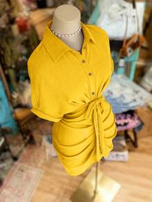 Vestido camisa de manga corta con cuello, abotonadura sencilla y cintura con lazo - Naranja - Ver 3