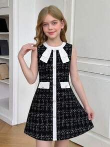 SHEIN Elladie kids 女孩甜美公主风清新可爱黑白撞色圆领短袖中长款薄纱连衣裙，饰有3D白色花朵，适合生日派对、幼儿园、日常外出、家庭聚会等场合。 - 黑色 - 查看 6