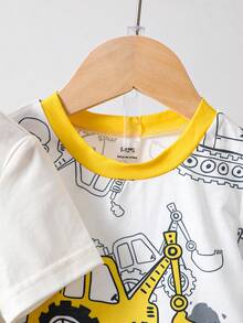 6件組小男孩卡通恐龍工程車印花針織短袖T恤與短褲睡衣套裝，白色，夏季，親子款 - 彩色 - 查看 5