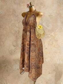 Mistrie Women's Brown Boho Summer Holiday Vacation Holiday,Vintage Paisley Print Halter V-Neck Cinched Waist Irregular Hem Chiffon Loose Beach Dress - Brown - View 3