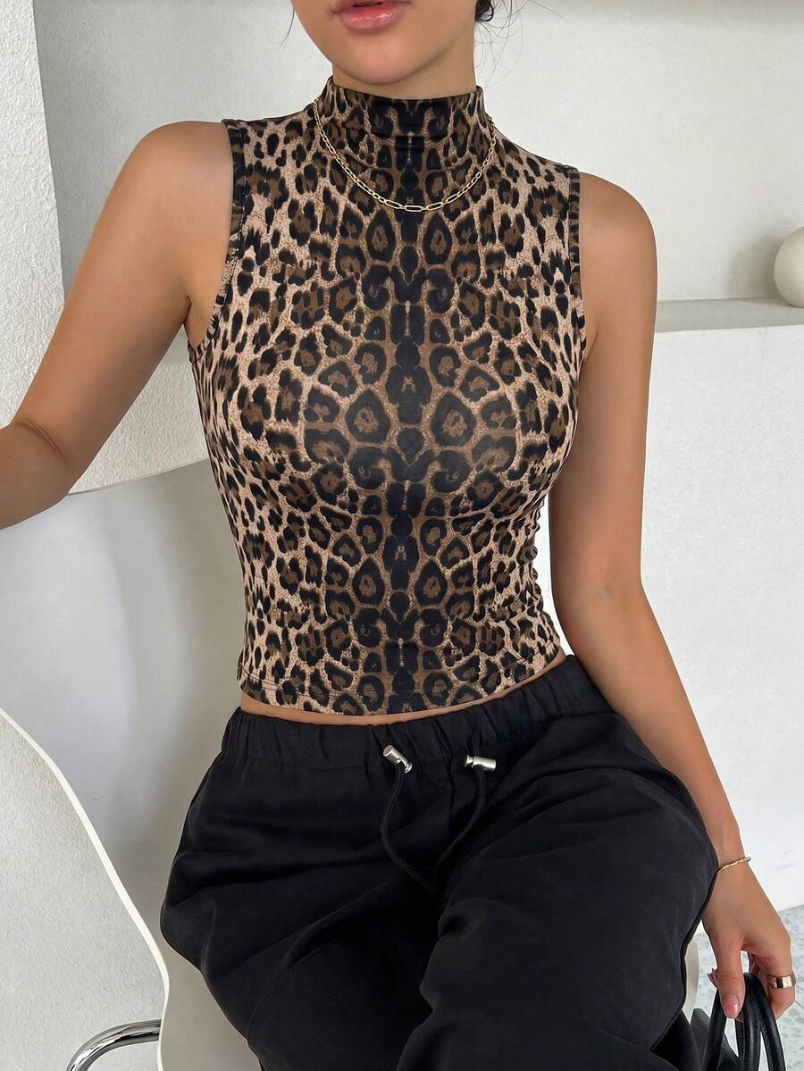 DAZY Áo croptop không tay họa tiết da báo dành cho nữ, phong cách thường ngày thời trang cho kỳ nghỉ. - Nhiều màu - Xem 1