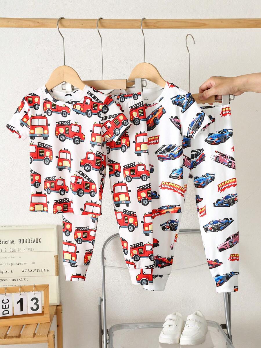 SHEIN Celana Panjang Lengan Pendek Leher Bulat Motif Mobil Putih Pas Badan Kasual untuk Anak Laki-Laki, Cocok untuk Semua Musim