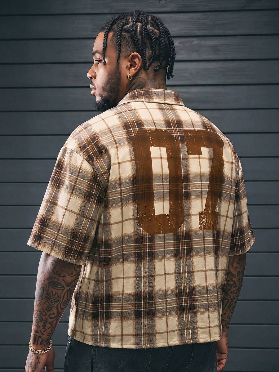 AXEPEAK Plus Size Men's Plaid Short Sleeve Single-Breasted Casual Commuter Shirt - Brown - View 1