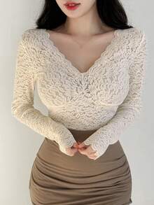 DAZY Women's Solid Color Lace Top With Scalloped Hem Going Out Tops Long Sleeve Women Tops - Beige - View 6