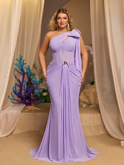 Glamrae Đầm dạ hội cỡ lớn, thanh lịch, lãng mạn, màu tím nhạt, lệch vai, chất liệu lưới co giãn cao cấp, thiết kế đuôi cá bất đối xứng với điểm nhấn kim loại, phù hợp cho mọi dịp trang trọng.