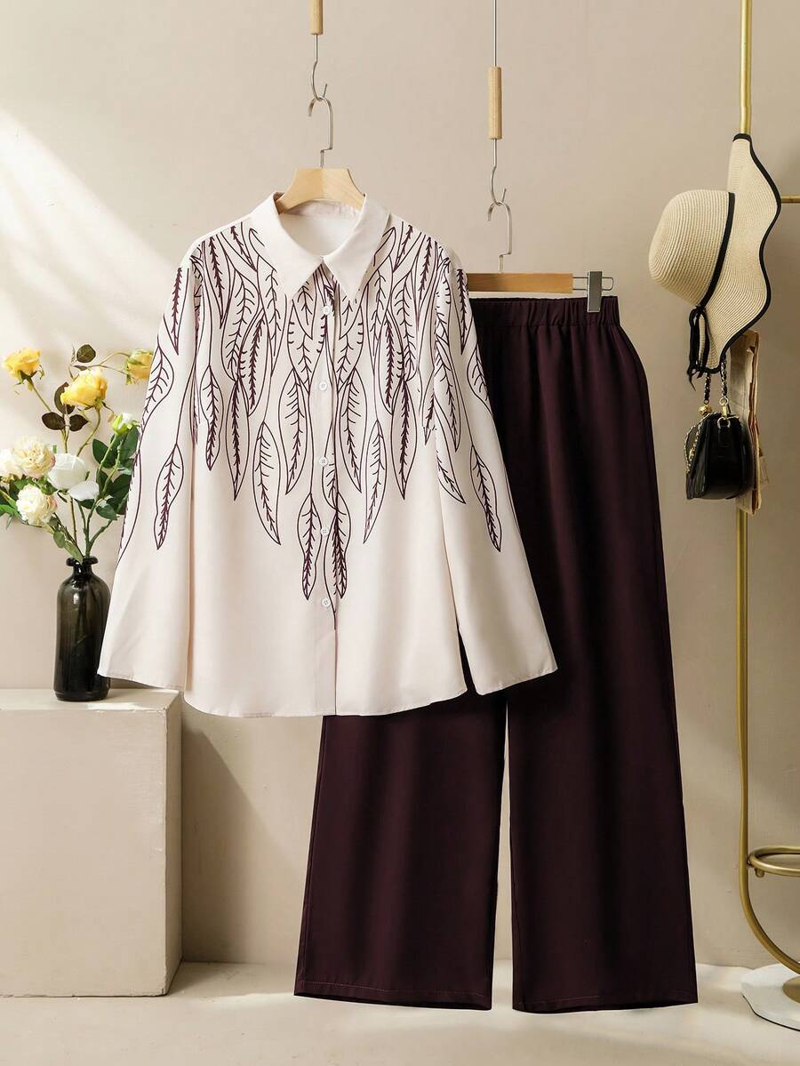 Lacomfia Plus Size Women Casual Leaf Print Single-Breasted Long Sleeve Shirt And Relaxed Pants 2 Pieces Set - Burgundy - View 1