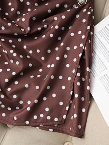 GlowEve Elegant Brown And White Polka Dot High-Waisted Midi Skirt,Summer Asymmetrical Button Decoration Pleated Bodycon Skirt,Work Casual Office - Coffee Brown - View 5
