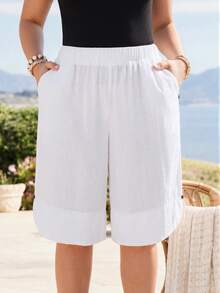 Rosumi Plus Size Women Solid Color Elastic Waist Pocket Casual Versatile Daily Wear Shorts - White - View 2