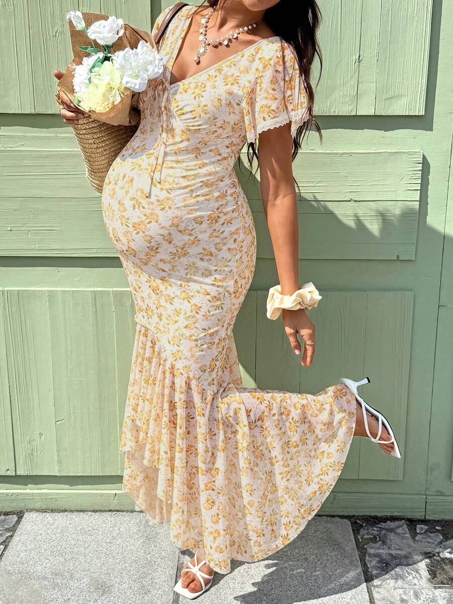 SHEIN 夏季优雅碎花鱼尾孕妇连衣裙 - 彩色 - 查看 1