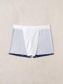 Manfinity VDAYZ Men's Summer Beach Vacation Anchor Print Contrast Color Drawstring Waist Swim Trunks, Holiday - Blue - View 4