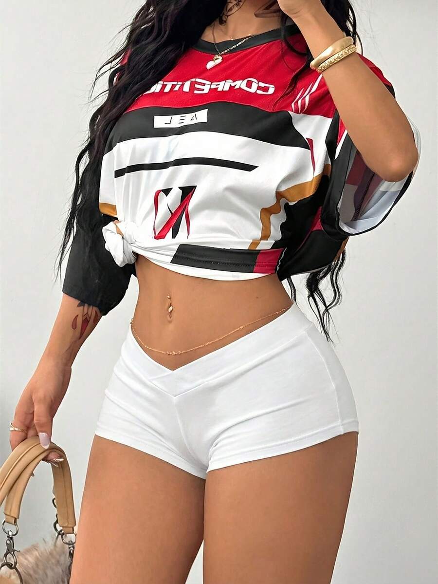 Coolane 女士夏季Y2K极简度假装扮外出低腰弹力松紧腰带舒适黑色运动短裤 - 白色 - 查看 1