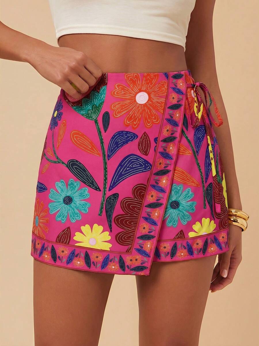 Travachic Short à nouer à la taille avec imprimé floral, vacances, tropical, bohème, western, tenues d'été, vêtements d'été, tenues de plage pour femmes, tenues de vacances à la plage pour femmes, tenues de vacances pour femmes, shorts de plage, tenues printemps-été, tenues de festival, tenues de vacances à la plage, tenues de remise de diplôme formelle, tenues de travail pour femmes - Rose vif - Voir 1