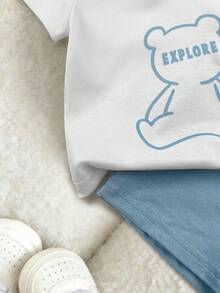 2pcs/Set Newborn Striped Short Sleeve T-Shirt + Shorts - Blue and White - View 5