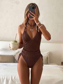 Bonvoyette Bộ đồ bơi tankini 2 mảnh màu nâu nhuộm loang, chất liệu vải gợn sóng, cổ chữ V, eo nhún, dây rút bên hông, kiểu dáng dành cho phụ nữ trung niên, mùa xuân/hè. - Cà phê nâu - Xem 3