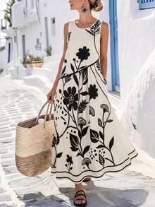 Louniche Standard Size Women's Sleeveless Black & White Printed A-Line Casual Vacation Dress, Spring/Summer - Multicolor - View 5