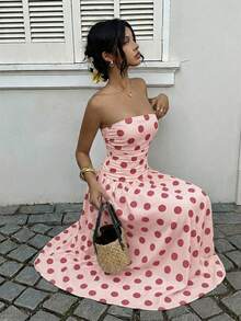 SHEIN EZwear Đầm cúp ngực nữ màu hồng chấm bi, xếp ly, thích hợp cho kỳ nghỉ, thời trang mùa thu, trang phục dự đám cưới, váy sinh nhật, đi chơi, lễ tốt nghiệp, tựu trường, kỳ nghỉ lễ, cuộc thi, tiệc tùng. - Nhiều màu - Xem 4