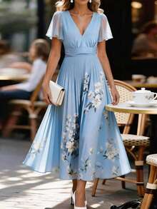 Balvessa Women's Elegant Floral Print V-Neck Short Sleeve Dress, Suitable For Summer Vacation - Baby Blue - View 6