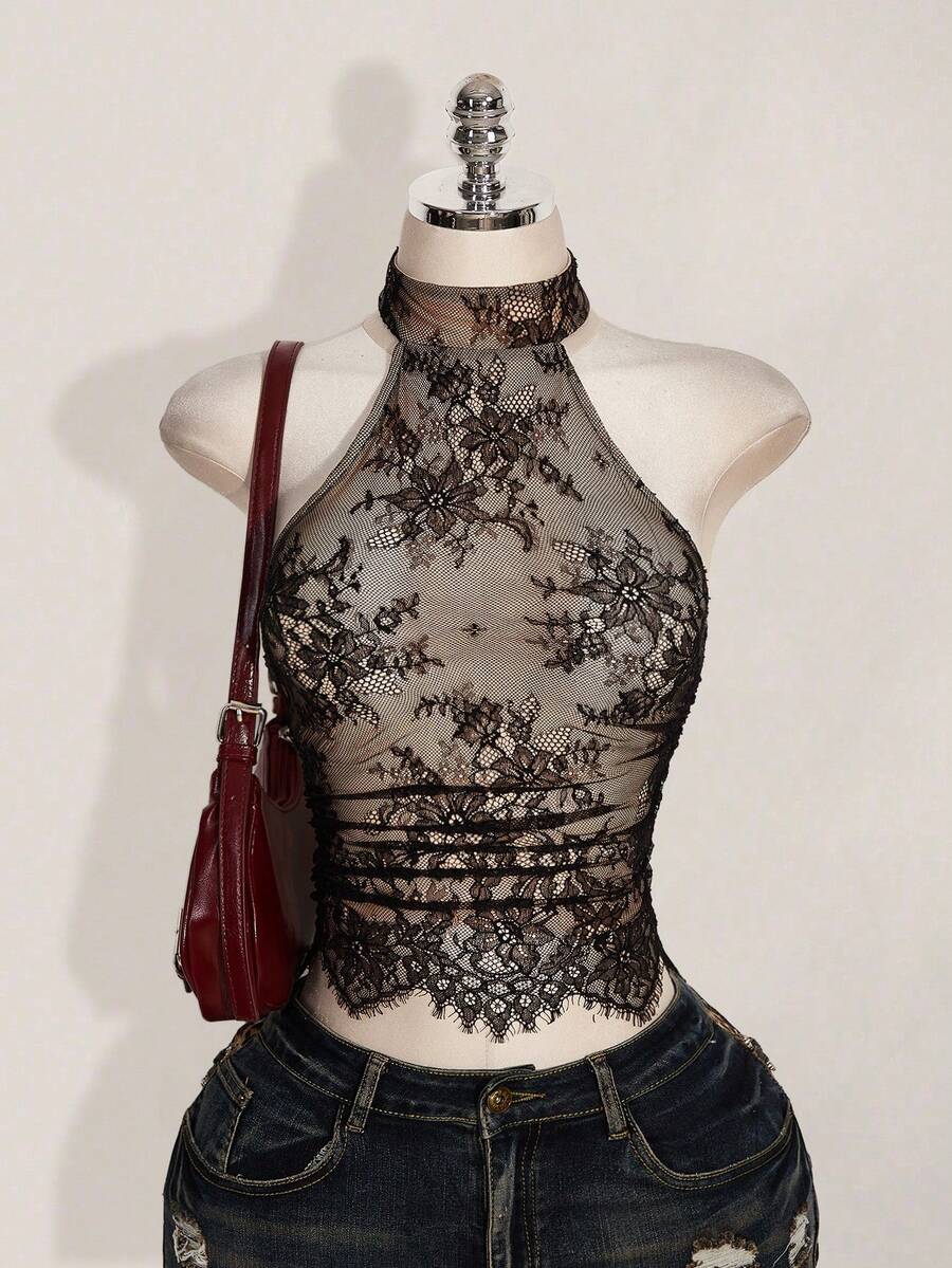 SHEIN ICON Áo kiểu ren xếp ly cổ yếm gợi cảm xuyên thấu dành cho nữ, thích hợp cho hẹn hò và đi chơi. - màu đen - Xem 1