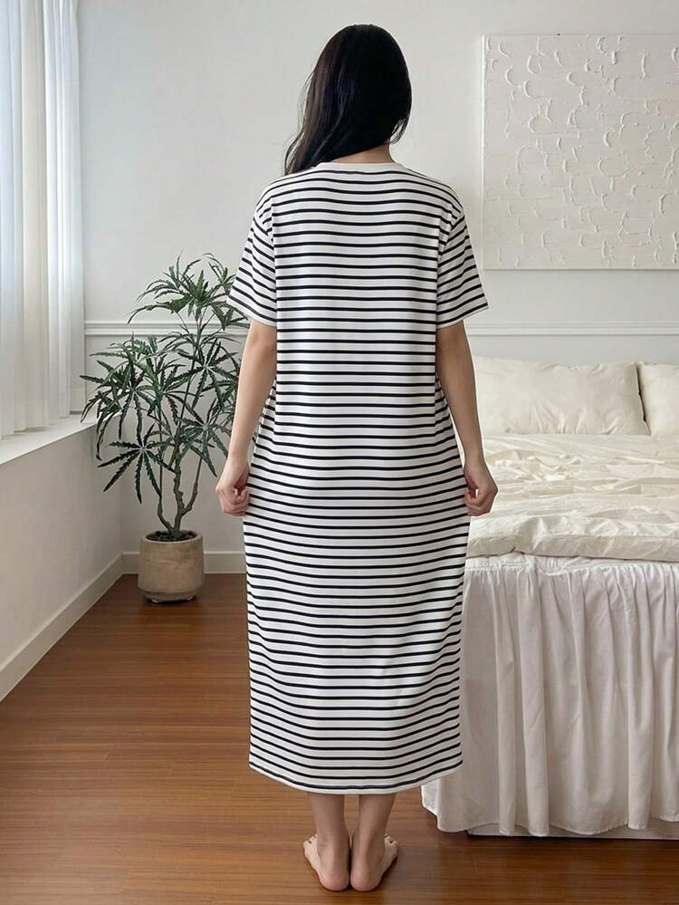 Women's Casual Striped Graphic Loose T-Shirt Dress, Comfortable Home Wear For Summer