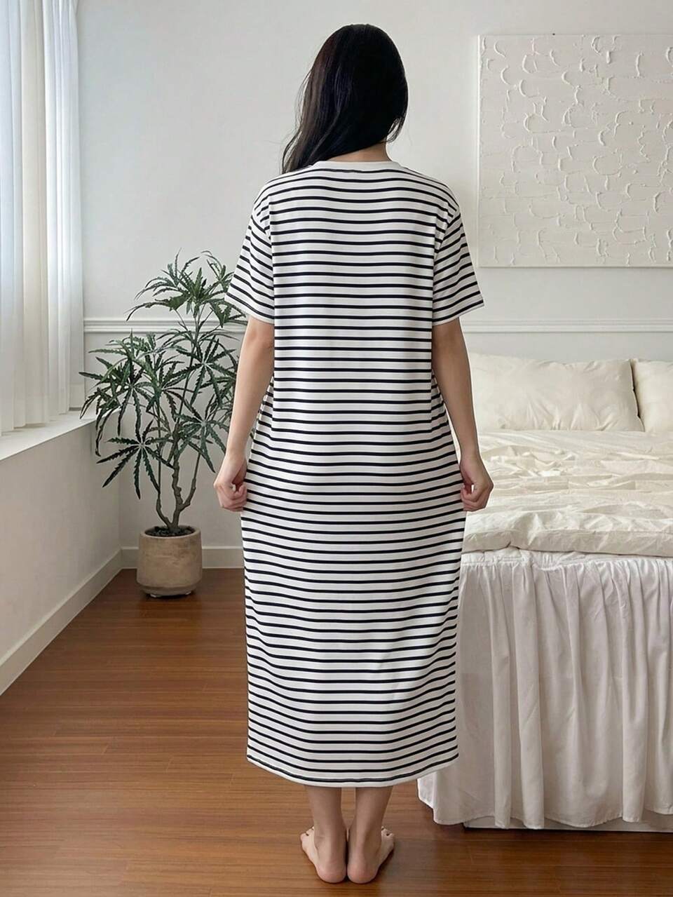 Women's Casual Striped Graphic Loose T-Shirt Dress, Comfortable Home Wear For Summer