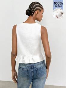 Maija Débardeur décontracté pour femmes, blanc, d'été, élégant, avec dentelle contrastée, nœud devant, ourlet à volants, pour tea party, vacances à la plage, style campagnard - Blanc - Voir 2