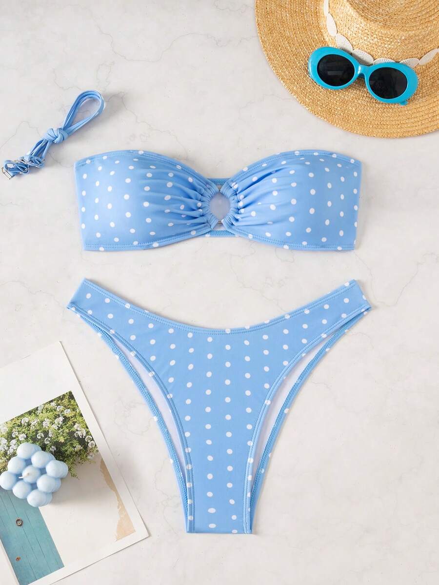 Swim Mod 女款夏季黑白圓點印花緊身性感沙灘兩件式比基尼泳衣 - 藍色 - 查看 1