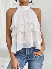 Firerie Women's Summer Multi-Layer Ruffle Asymmetrical Chiffon Halter Top,Summer Top - White - View 4