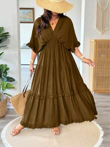 Vionelle Plus Size French Style Boho Solid Color Ruffle Trim Regular Dress, Spring/Summer Vacation Brown - Coffee Brown - View 4