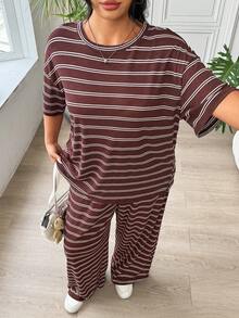 SHEIN EZwear 大码女式条纹印花圆领短袖T恤和休闲裤套装 - 棕色 - 查看 4
