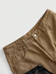 ROMWE MEN Essentials Men's Leather Patchwork Cargo Denim Shorts - Khaki - View 5