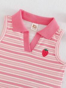 Cozy Pixies Áo polo không tay kẻ sọc thêu hình dâu tây dễ thương cho bé gái, đa năng cho mùa hè. - Nhiều màu - Xem 3