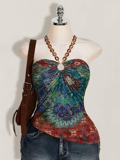 SHEIN ICON 大码女式夏季度假印花露背波西米亚风吊带背心