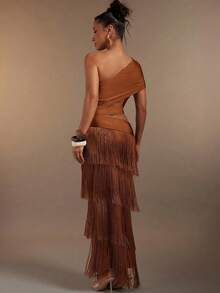 Hauture Women's Sexy One-Shoulder Asymmetrical Neck Fringe Tassel Layered Maxi Dress Bamboo Ring Decor - Rust Brown - View 6