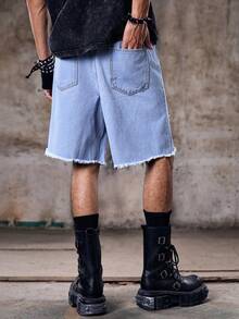 Skyrend 男士寬鬆棉質梯形破洞牛仔短褲 Jorts 工作休閒都市度假街頭風 - 淺色水洗藍 - 查看 2