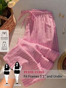 SHEIN PETITE CURVE Damen Große Größen Lässig Rosa gestreifte Hose für den Sommer - Pink - Übersicht 3