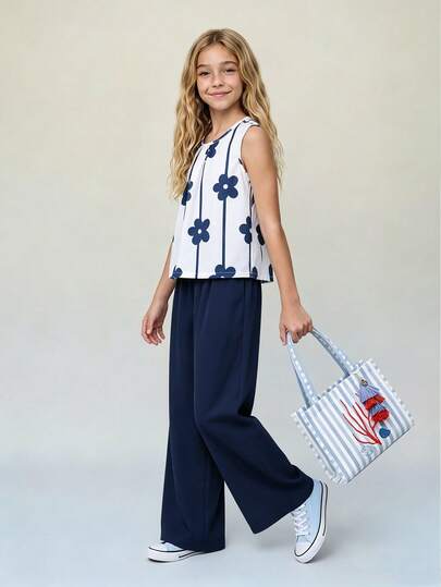 Casuvi Kids 2pcs/Set Tween Girl Stylish Blue Striped Bow Sleeveless Top & Loose Straight Leg Pants Set, Casual Outfit For Spring/Summer