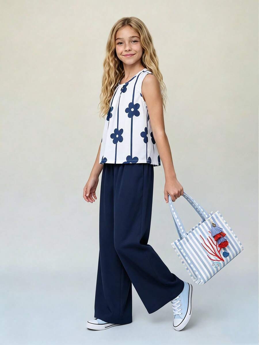 Casuvi Kids Bộ 2 món cho bé gái tuổi teen: áo không tay kẻ sọc xanh dương thắt nơ và quần ống đứng rộng, trang phục thường ngày cho mùa xuân/hè. - Nhiều màu - Xem 1