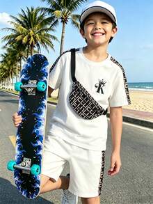 Tween Boy Summer Casual Daily Commute Fashion Letter Print Contrast Sideseam Loose T-Shirt And Shorts Set - White - View 3