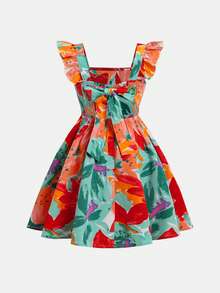 Young Girl Casual Tropical Cute Flutter Sleeve Bow Back A-Line Dress, Tropical Print - Orange - View 5