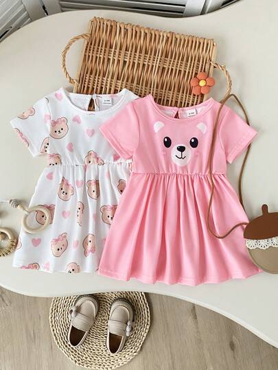 Playful Pals Conjunto de 2 piezas de vestido de línea A de manga corta con estampado de pato y pollito para bebé niña, adecuado para salidas de primavera/verano, sesiones de fotos o uso diario casual