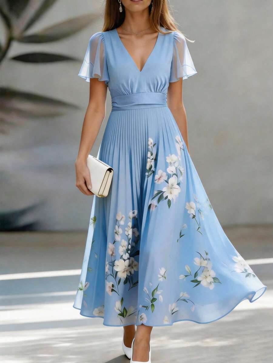 Balvessa Women's Elegant Floral Print V-Neck Short Sleeve Dress, Suitable For Summer Vacation - Baby Blue - View 1