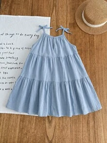 SHEIN Young Girl Woven Textured Floral Solid Color Camisole Dress - Baby Blue - View 2