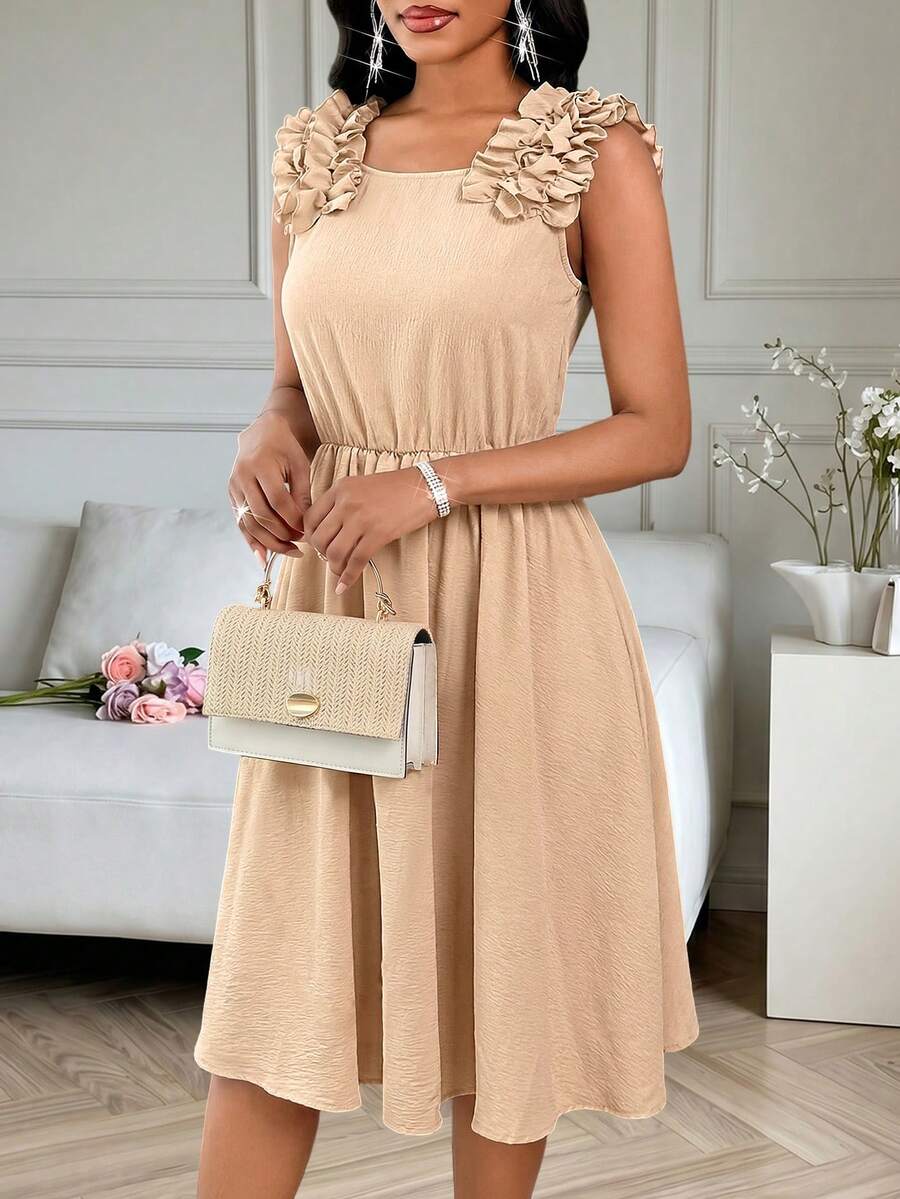 SHEIN Lady 女士中长连衣裙 - 卡其色 - 查看 1