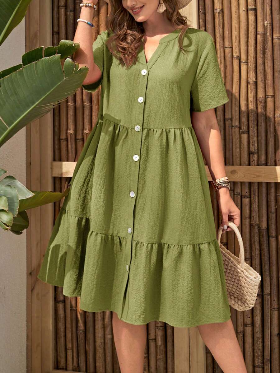EMERY ROSE Plus Size Women Solid Color Notched V-Neck Short Sleeve Single-Breasted Casual Dress - Green - View 1