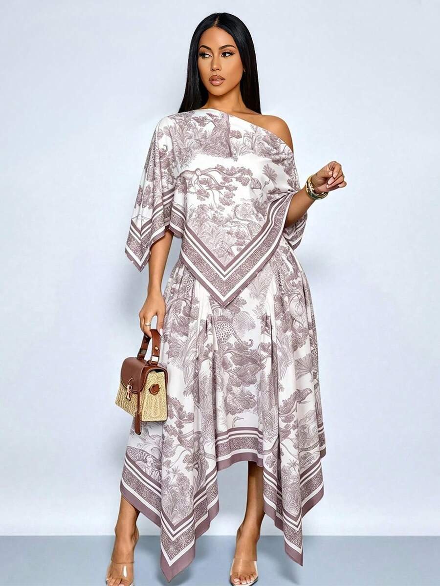 SOLERSUN Falda midi plisada con estampado de albaricoque, asimétrica y con bajo elegante. Un estilo versátil y retro con estampado de puesta de sol, adecuado para primavera, verano, viajes diarios y salidas. - Café integral - Ver 1